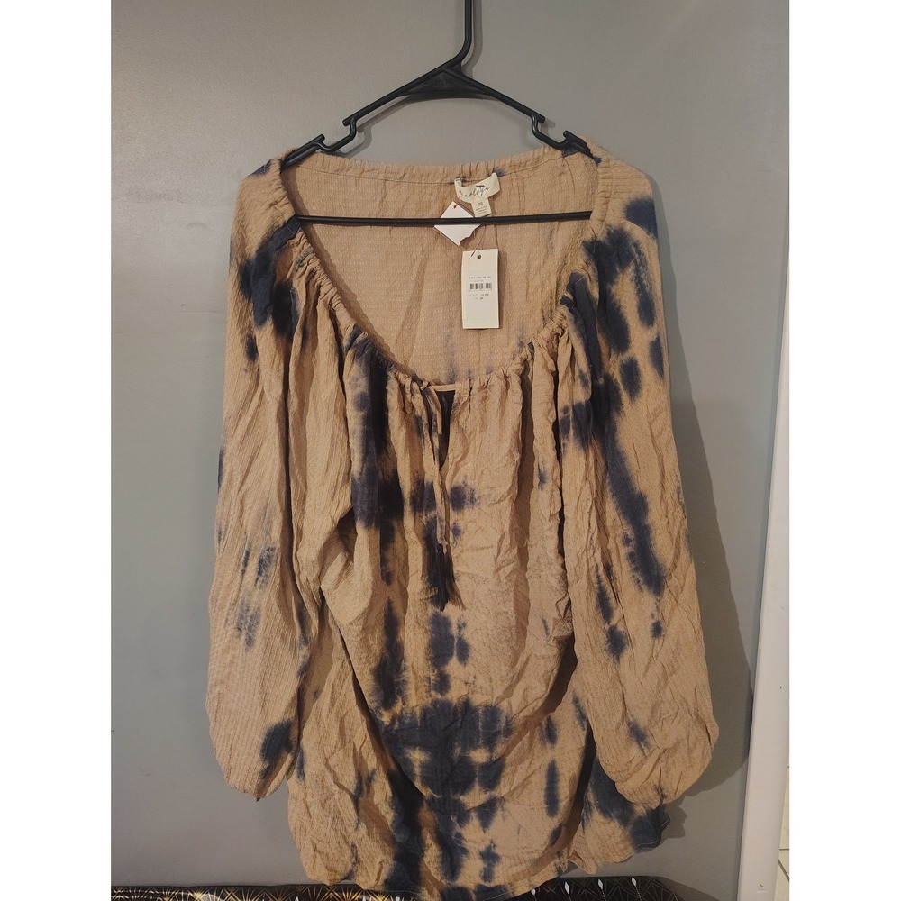 Aveology Tunic Lyric Tie Dye Tan Blue Long Sleeve Boho Blouse Size 20 NEW
